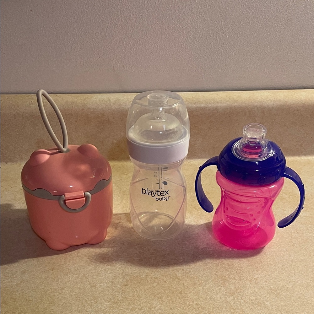 Playtex Baby Bottle with Pink and Purple sippy and formula holder. (Lot #2)